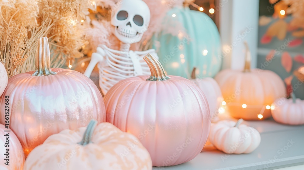 Obraz premium A charming Halloween scene with pink pumpkins, skeleton, and glowing lights.