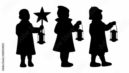 Three children silhouettes holding lanterns and a star during a winter celebration or festival time