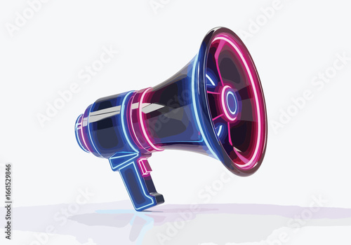 Neon megaphone with glowing effect symbolizing announcement, marketing strategy, and business communication in digital era