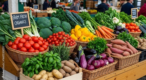 Abundant Harvest: Farm Fresh Organic Produce Displayed in Wicker Baskets at Local Market