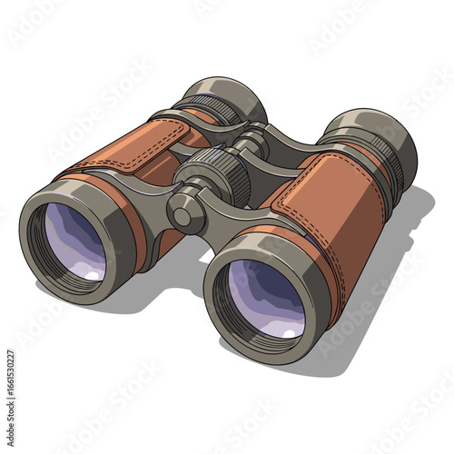 Vintage binoculars illustration with brown leather and detailed optics for adventure design