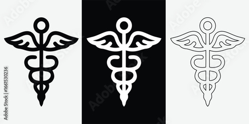 Medical symbol caduceus logo icon in different colors and styles silhouette