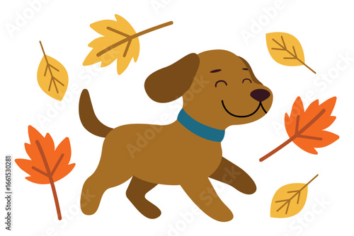 Joyful brown dog happily running among colorful autumn leaves in this charming vector illustration. The playful scene captures the essence of fall with warm tones and lively expression.