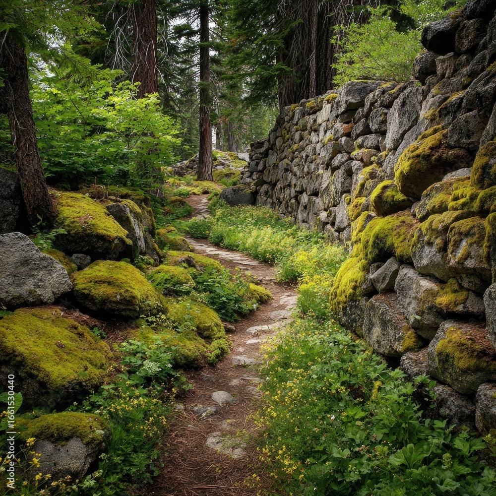 Obraz premium Mountain path winding through mossy rocks