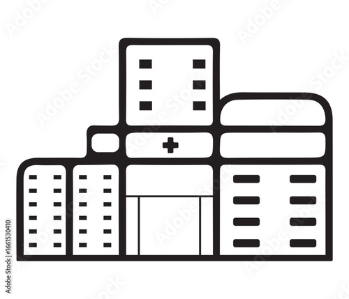 A simple black and white illustration of a hospital building complex silhouette