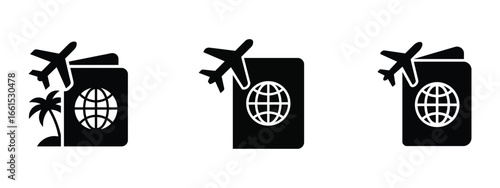 Essential travel icons illustrating a seamless global journey with a prominent passport and an airplane flight for your next vacation or business trip across international destinations