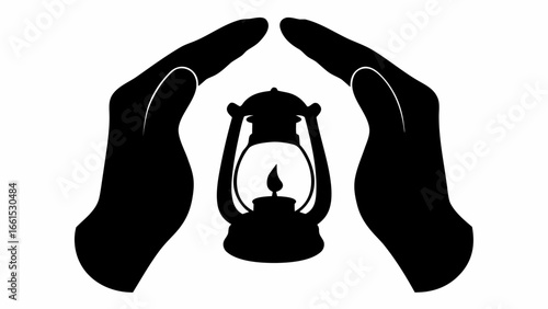 Two hands forming a roof over a lit lantern in black and white creating a sense of safety and security silhouette