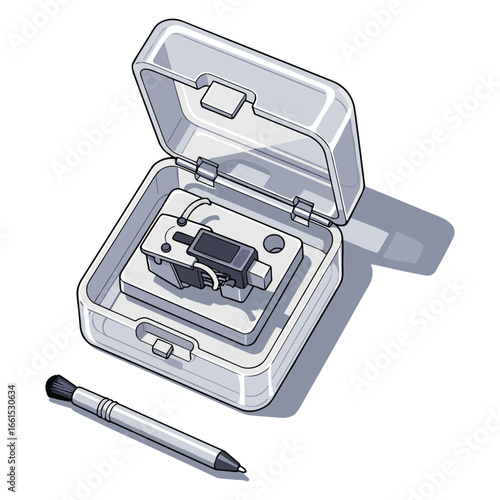 Digital micro measuring tool in transparent case with stylus pen for precision work illustration