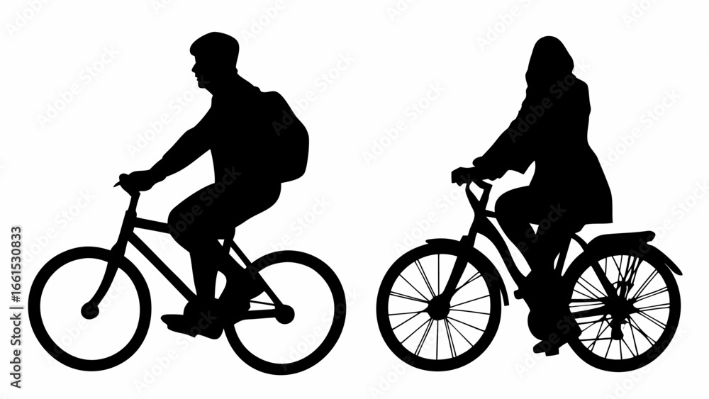 Fototapeta premium Silhouette of two people riding bicycles on a white background in a simple and minimalist style art