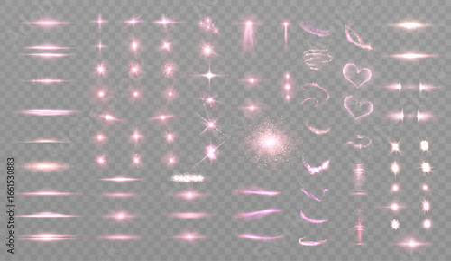 Set of light effects. Vector glowing isolated pink transparent light effects: glare, explosions, sparks, lines, sun flares, sparkles and stars, glitter and bokeh.