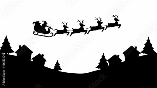Silhouette of santa claus in a sleigh pulled by reindeer flying over a village with christmas trees