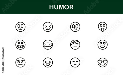 Entertainment and Humor Icons – Flat Linear Outline Vector Set with Smile, Laughter, Joke, Comedy, Funny Face, Humor Mask, Minimal Pack for Apps, Infographics, and Web UI