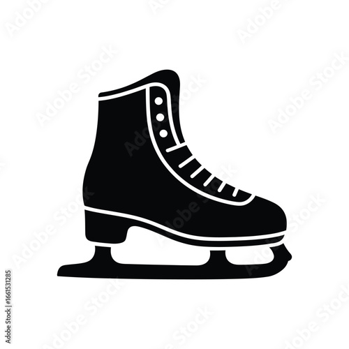 Sleek black silhouette of an ice skate, symbolizing winter sports and recreational ice skating. A simple graphic representing athletic elegance and leisure activities.