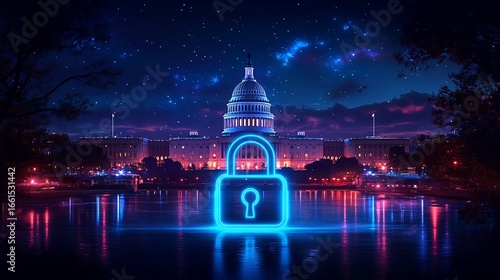 Digital rendering of a government building overlaid with a glowing padlock against a starry night sky reflected in a lake