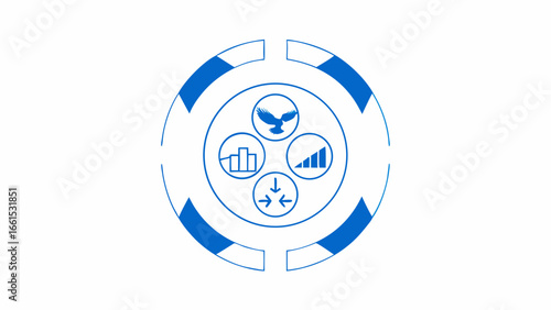 Blue circular diagram featuring eagle, graph, signal bars, and arrows inside a segmented circle shape silhouette