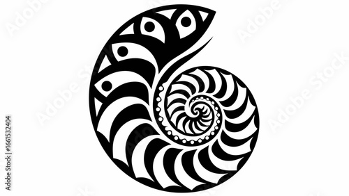 Black and white nautilus shell with spiral pattern and decorative elements in a stylized design style silhouette