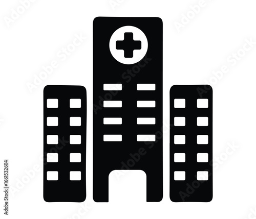 A simple black and white icon of a hospital building with medical cross silhouette