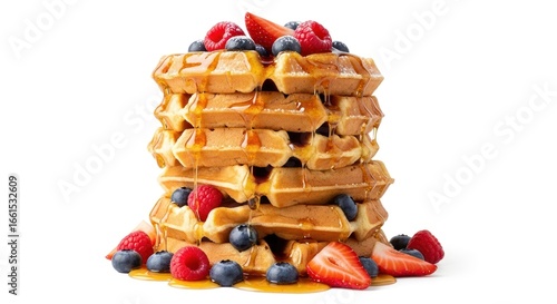 Decadent Tower of Golden Belgian Waffles with Fresh Berries and Cascading Maple Syrup