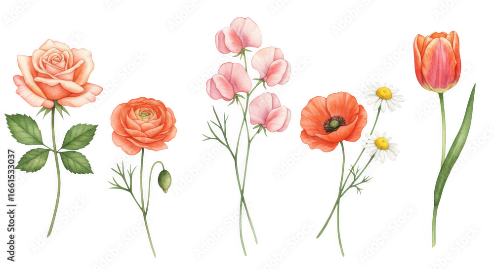 Fototapeta premium Floral Array of Elegance: A collection of five vibrant watercolor paintings of individual flowers, each possessing unique beauty and detail, including a rose, ranunculus, sweet pea, poppy, daisy.