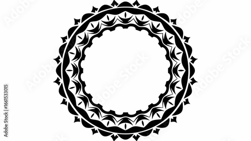 Circular decorative frame with tribal inspired design elements and a black and white color scheme present silhouette