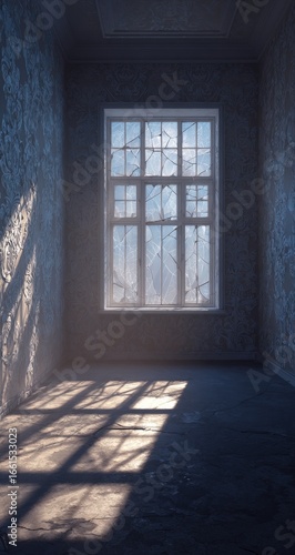 Empty room, sunlight streams through frosted window