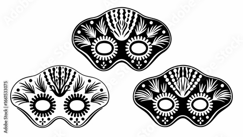 Three decorative masks with floral and geometric patterns in black and white illustration style art silhouette