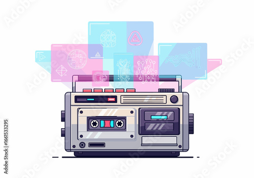 Retro cassette player vector illustration with digital futuristic elements