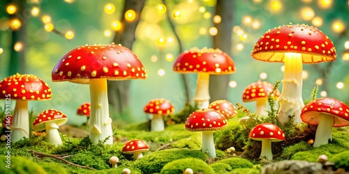Fairy forest with fly agarics and fireflies