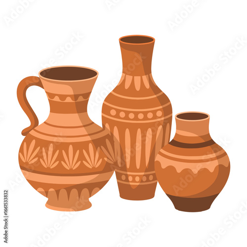 A collection of traditional terracotta pottery, including vases and a jug with rustic patterns. A concept of handmade ceramics vector illustration