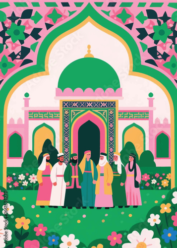 people in the courtyard of the mosque Illustrator Artwork design template poster
