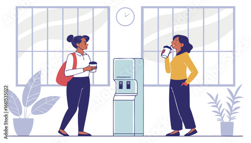 Two office coworkers talking and drinking near a water cooler, flat graphic style, indoor office background with plants, concept of casual workplace interaction. Vector illustration     