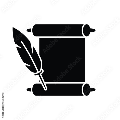 Ancient Scroll with Feather Quill Icon - Symbolizing Writing, History, and Knowledge