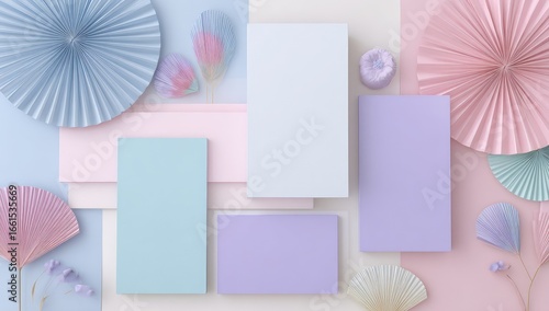 Pastel-toned geometric composition with paper decorations