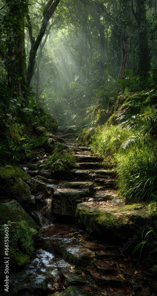 Fototapeta premium Sunbeams pierce a mossy forest path