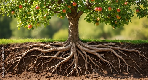 Apple tree with exposed roots and ripe fruit, showcasing the interconnectedness of life