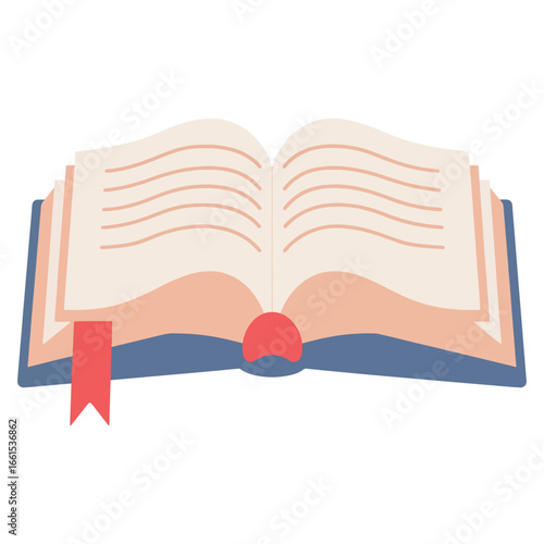 An open hardcover book with a red ribbon bookmark, representing literature, education, and the joy of reading stories vector illustration