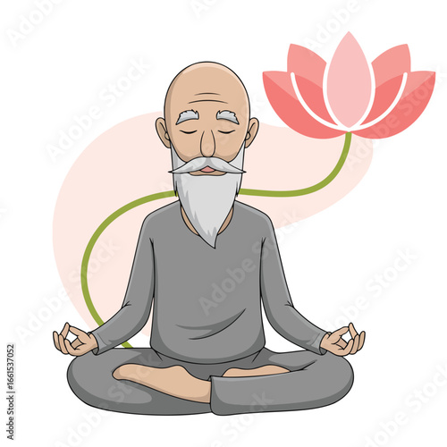 A wise and serene elderly guru with a long white beard, meditating in the lotus pose with a pink lotus flower symbol vector illustration