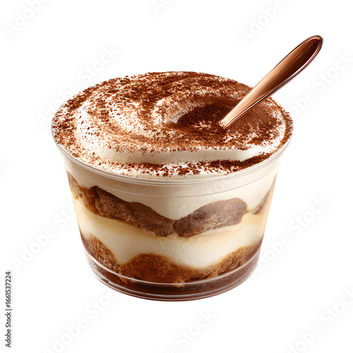 sweet tiramisu dessert cup with a spoon on a transparent background