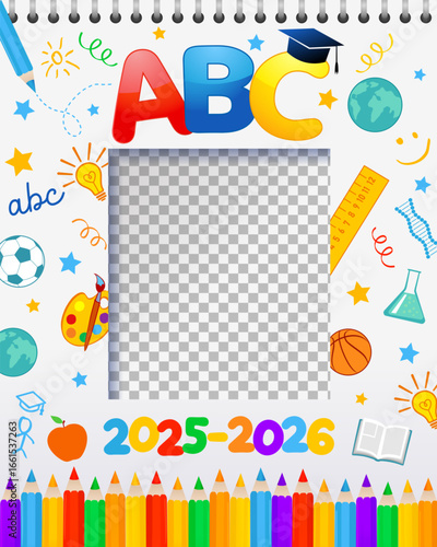 Back to school selfie photo frame booth design for First day at school. First day of school concept for preschool or kindergarten booth design. Vector illustration