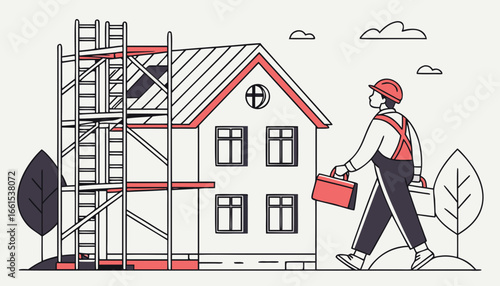 Scaffolding worker concept. Man in protective helmet with briefcase helps to build house or large building. Architecture, builder. Industrial poster or banner. Cartoon flat