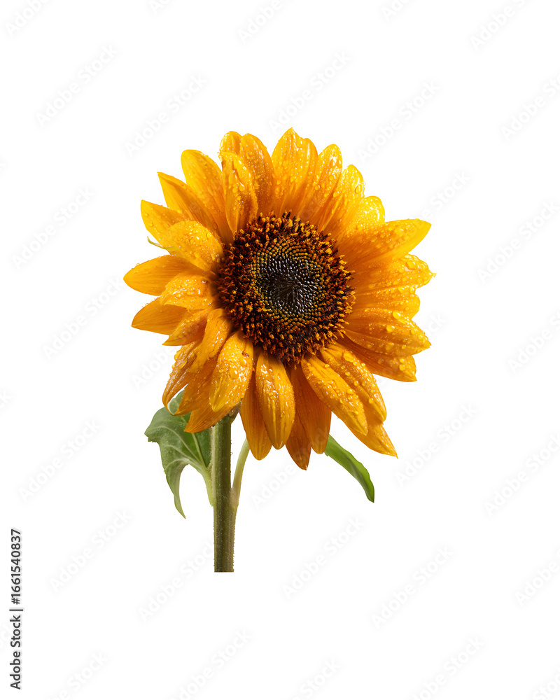 Fototapeta premium A vibrant sunflower adorned with sparkling water droplets on its petals