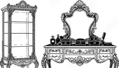 sketched silhouettes, Glass case, and dressing table set. Elegant furniture with richly ornamented. Baroque Luxury style furniture. Vector