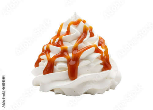 caramel sauce drizzled over whipped cream, set against a white backdrop