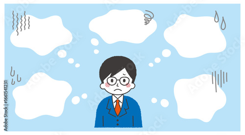 吹き出しと悩む社会人のベクターイラスト素材。ビジネスパーソンのネガティブな表情。