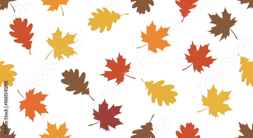 Seamless pattern with various autumn leaves in earthy fall colors, perfect for seasonal designs.