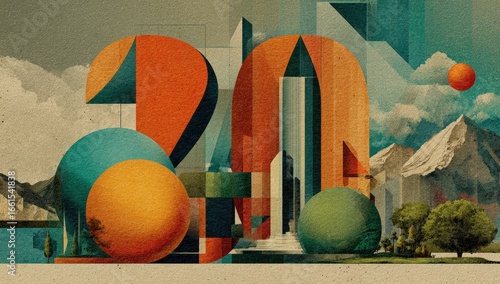 Abstract collage with 3D numbers and cityscape elements