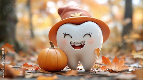 A smiling cartoon tooth character with braces, a witch's hat, and a pumpkin in a fall forest scene with foliage