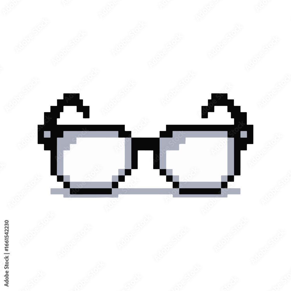 Fototapeta premium Classic black pixel art eyeglasses with clear lenses in a retro 8-bit video game style. A simple nerdy geek icon vector illustration