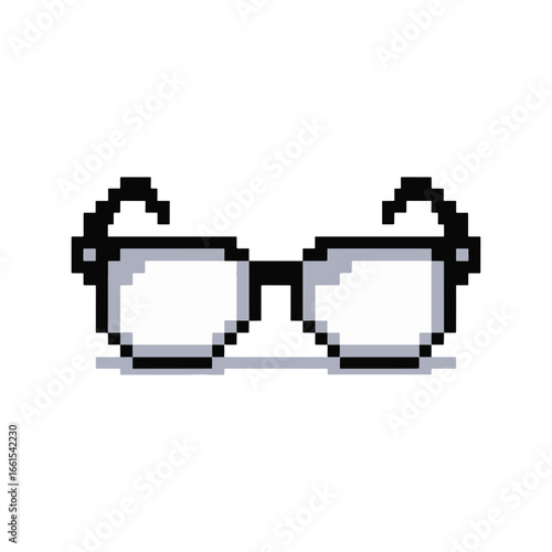 Classic black pixel art eyeglasses with clear lenses in a retro 8-bit video game style. A simple nerdy geek icon vector illustration
