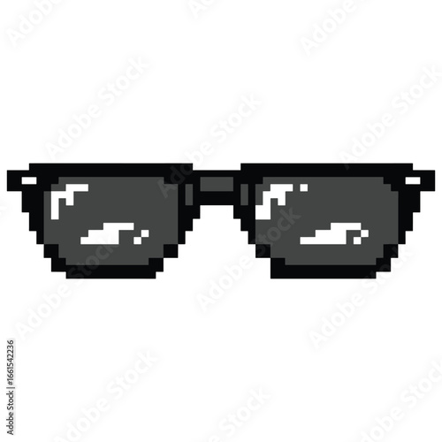 A pair of cool black pixelated sunglasses in a retro 8-bit video game style, representing the 'deal with it' meme vector illustration